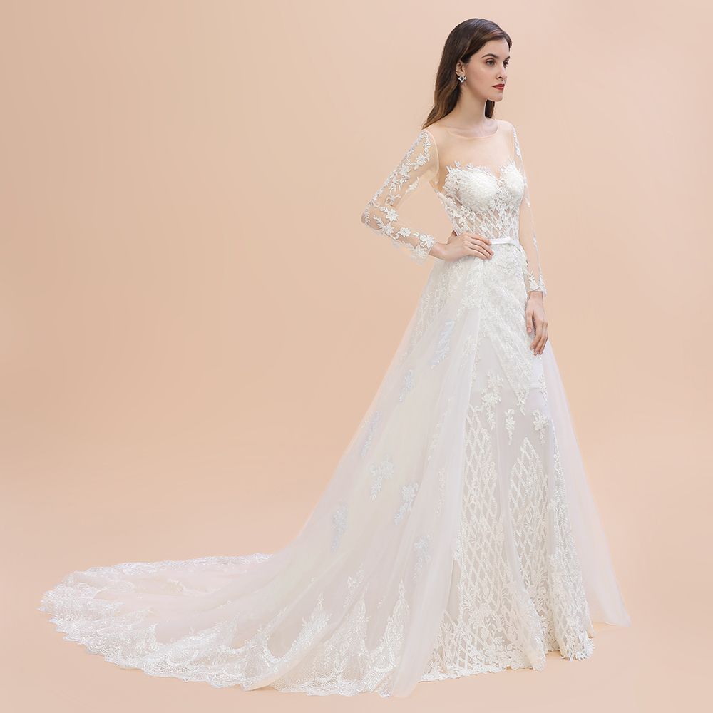 Luxury Beaded Lace Mermaid Wedding Dresses Tulle Appliques Bride Dresses with Detachable Train