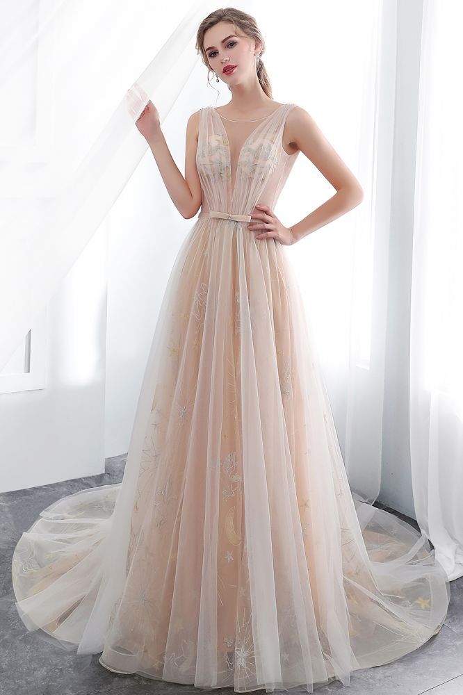 NANETTE | A-line Sleeveless Long Tulle Appliques Champangne Evening Dresses with Sash