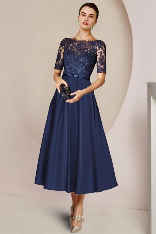 1/2 sleeves navy Ankle A-line Evening Dresses