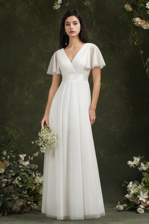 Short sleeves white chiffon bridesmaid dress