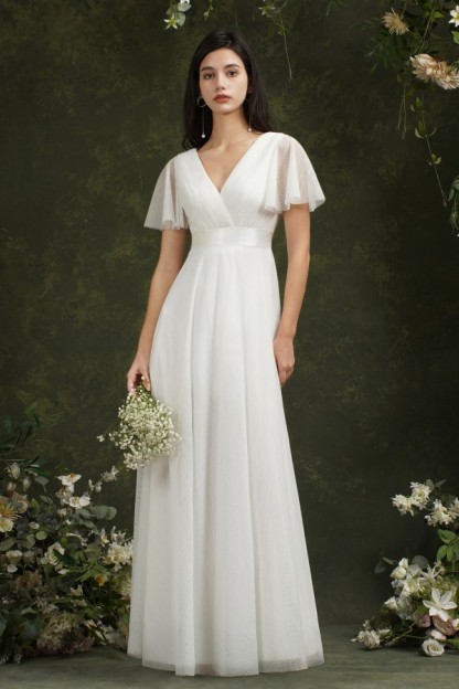 Short sleeves white chiffon bridesmaid dress