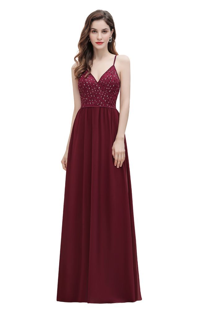 V-Neck Straps A-line Bridesmaid Dress Sequins Evening Dress