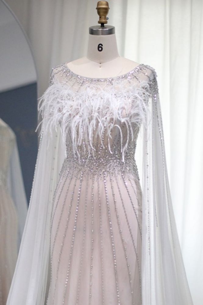 Gorgeous Scoop Neck Sequins Mermaid Evening Dress Dubai Cape Sleeves Fur Long Formal Dress