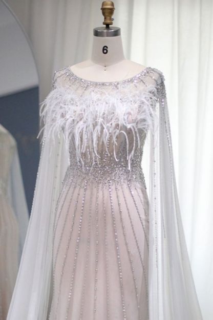 Gorgeous Scoop Neck Sequins Mermaid Evening Dress Dubai Cape Sleeves Fur Long Formal Dress