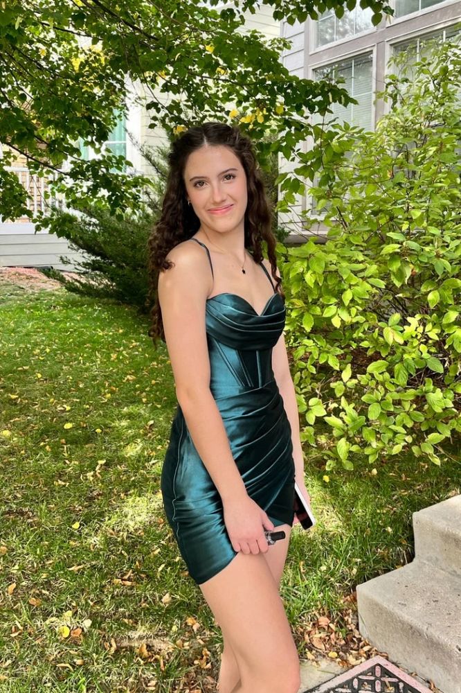 Spaghetti Straps Royal Blue Ruched Satin Mini Dress Sweetheart Homecoming Dress