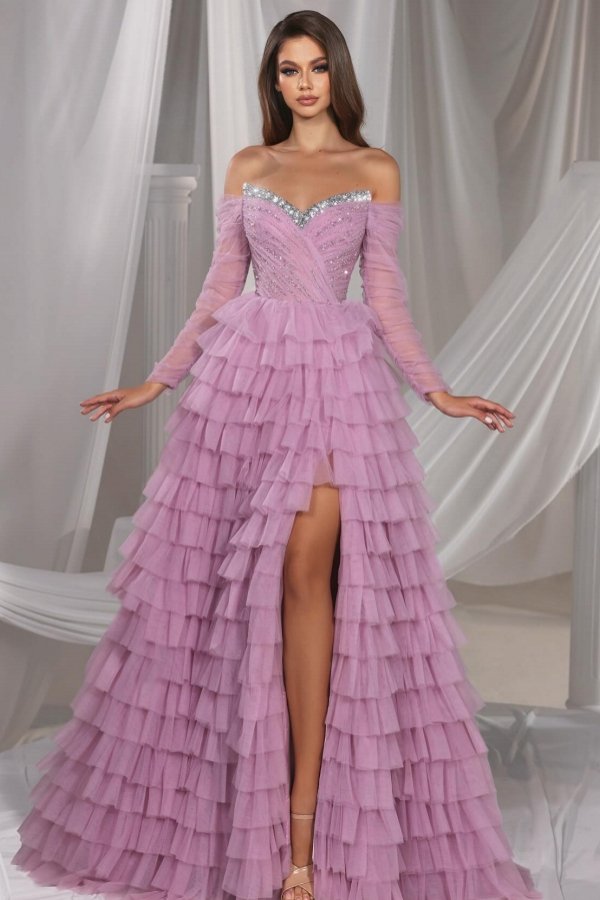 Strapless Lilac Puffy Evening Dresses Side Split with Sparkly Crystals
