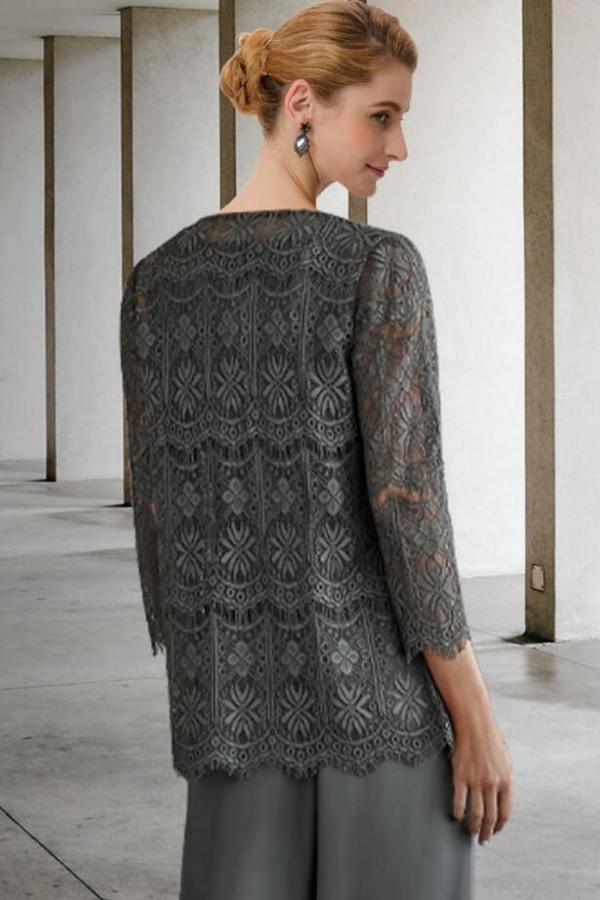 Elegant illusion Lace Two Piece Silver Mother of the Bride Dress Wedding party Wear Dress