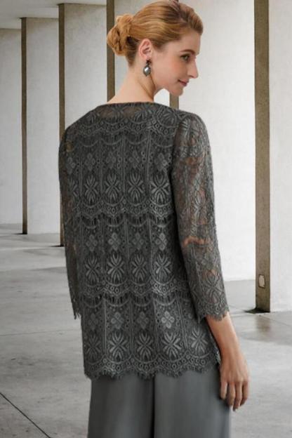 Elegant illusion Lace Two Piece Silver Mother of the Bride Dress Wedding party Wear Dress