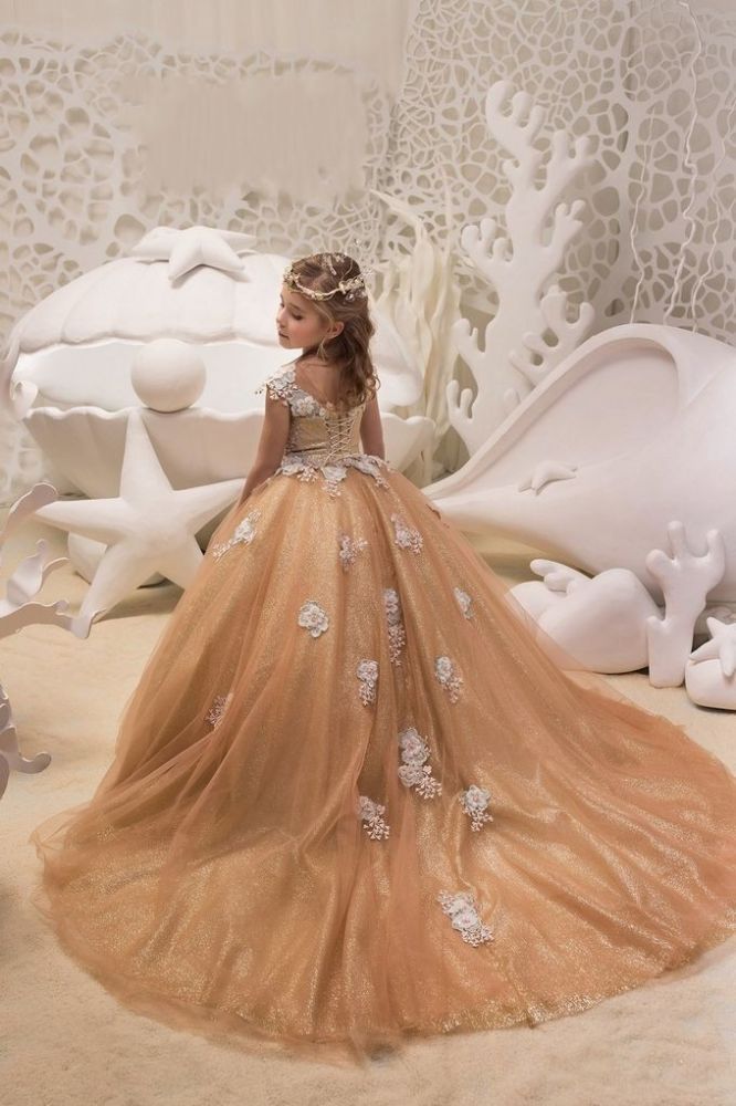 Gold cap sleeves puffy princess flower girl dress