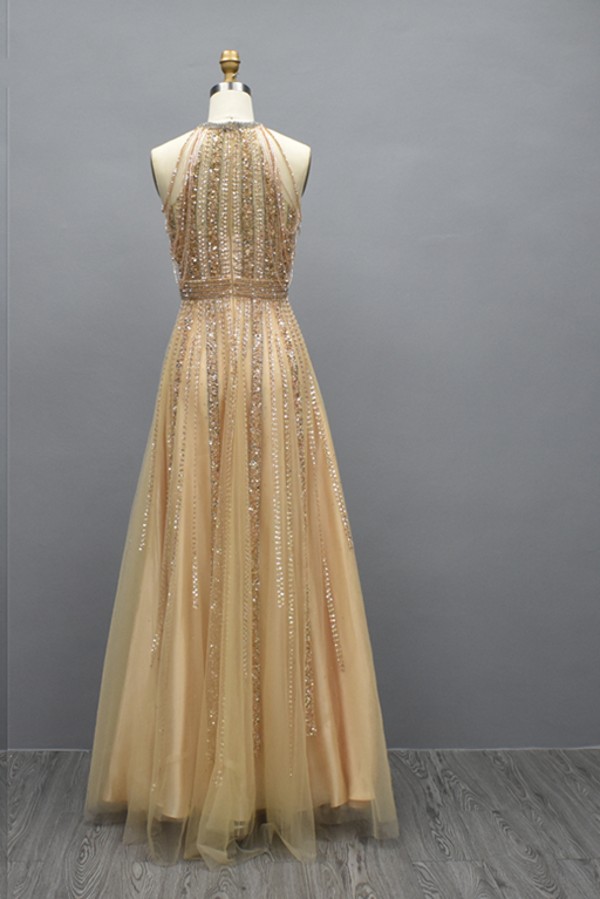 Gold beaded sleeveless Tulle Evening Dresses