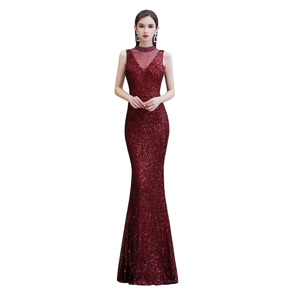 Elegant Illusion neck Burgundy Sleeveless Mermaid Prom Dress