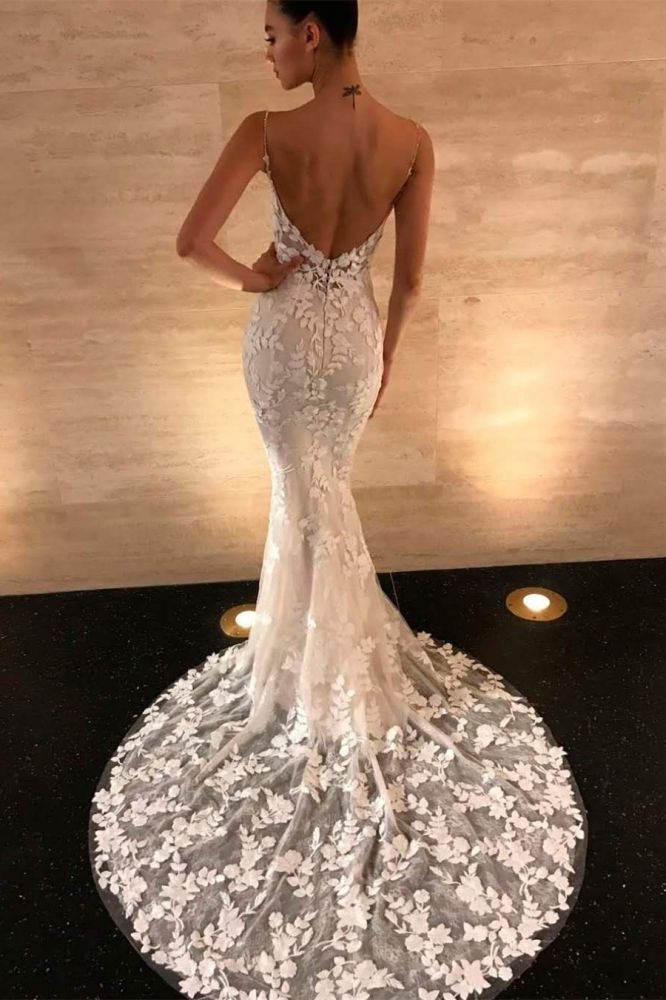 Sexy Spaghetti Straps V Neck Lace Prom Dresses|Long Sleeveless Floor Length Evening Gown