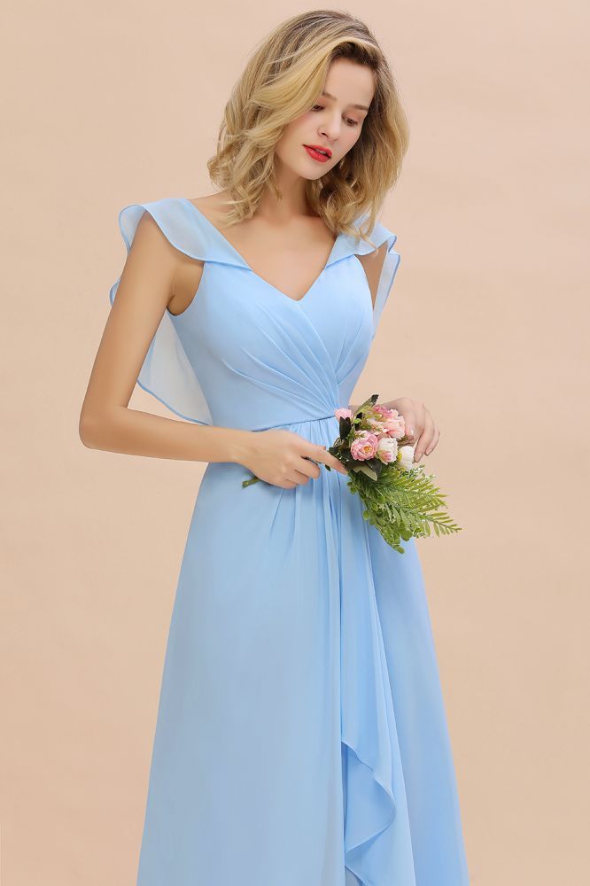 Candance | Simple Hi-Lo V-Neck Ruffles Long Bridesmaid Dress Online