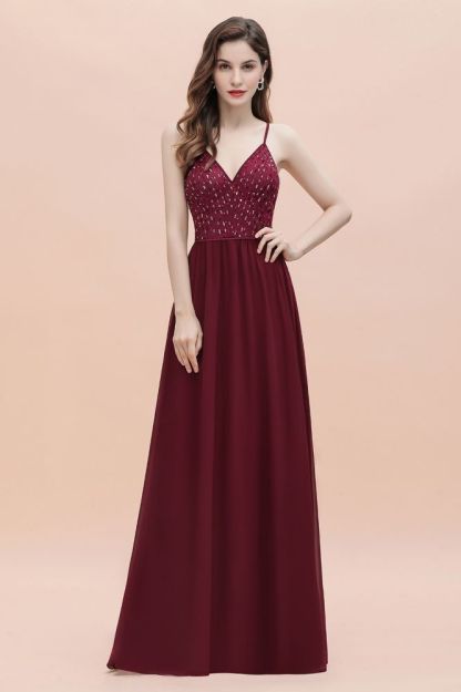 V-Neck Straps A-line Bridesmaid Dress Sequins Evening Dress