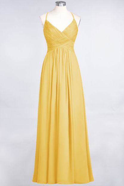 Chiffon A-Line Spaghetti-Straps V-Neck Sleeveless Long Bridesmaid Dress with Ruffles