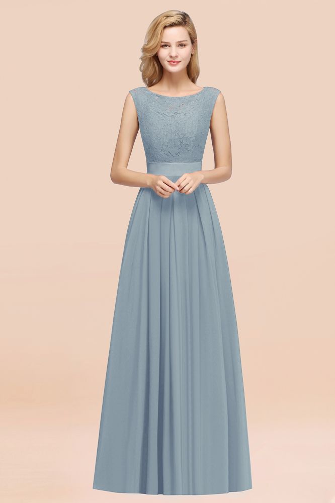 A-line Chiffon Lace Jewel Sleeveless Ruffles Floor-length Bridesmaid Dress