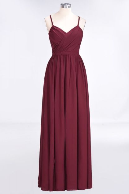 Chiffon A-Line Spaghetti-Straps V-Neck Sleeveless Long Bridesmaid Dress with Ruffles