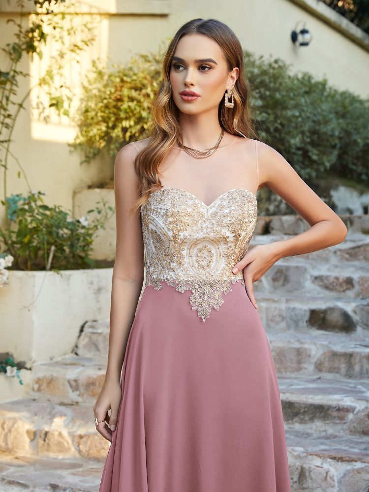 Sleeveless Lace Appliques Long Prom Dresses Chiffon Evening Party Gown