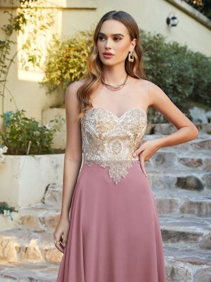 Sleeveless Lace Appliques Long Prom Dresses Chiffon Evening Party Gown