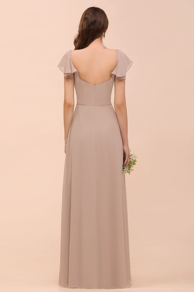 Cap Ruffle Sleeves Bridesmaid Dress with Side Slit