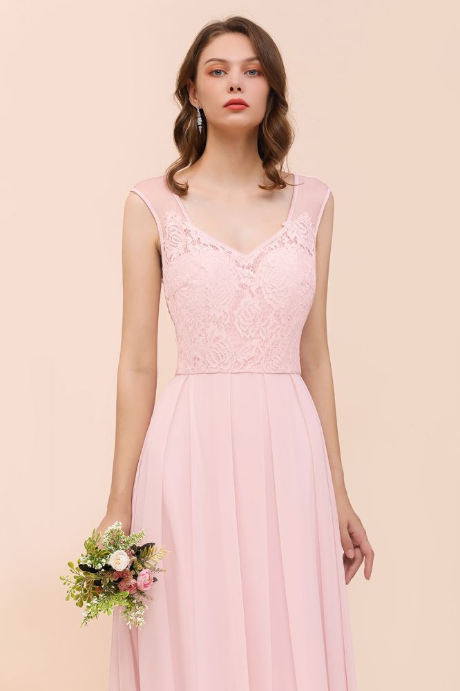 Romantic Sleeveless Lace Chiffon Wedding Guest Dress V-Neck Bridesmaid Dress