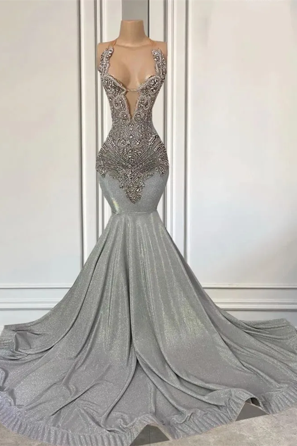 Silver Beaded Mermaid Sparkle Prom Dresses
