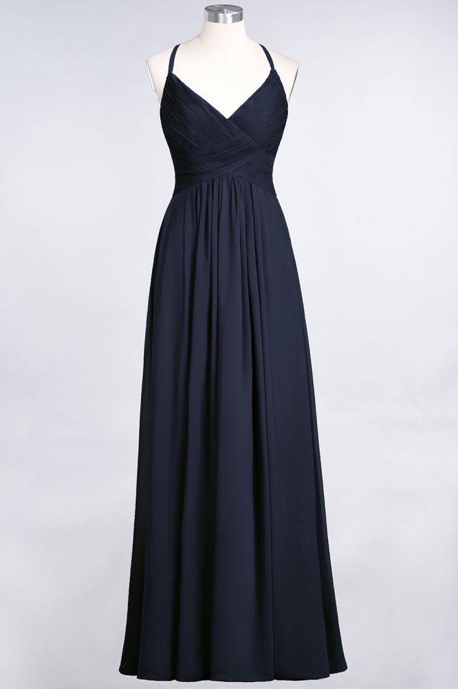 Chiffon A-Line Spaghetti-Straps V-Neck Sleeveless Long Bridesmaid Dress with Ruffles