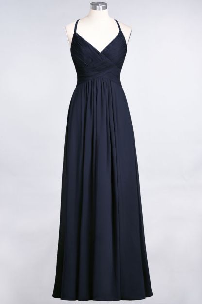 Chiffon A-Line Spaghetti-Straps V-Neck Sleeveless Long Bridesmaid Dress with Ruffles