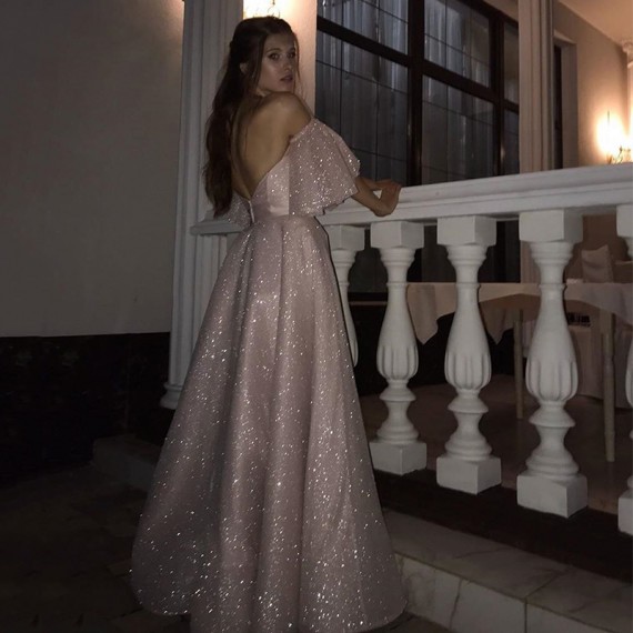 Sparkle Pearl Pink Sequined High Split A-line Prom Dress with Bracelet