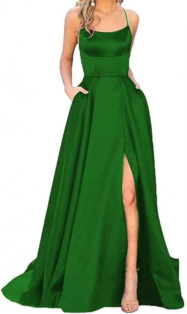 Stunning Spaghetti Straps Satin Evening Dress with Side Slit