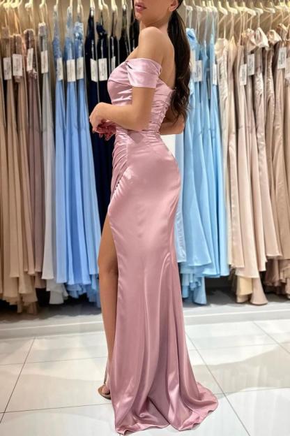 Chic Pink Off the Shoulder Strapless Sweetheart Floor Length Mermaid Stretch Satin Prom Dress with Ruffles-Babyonlinewholesale