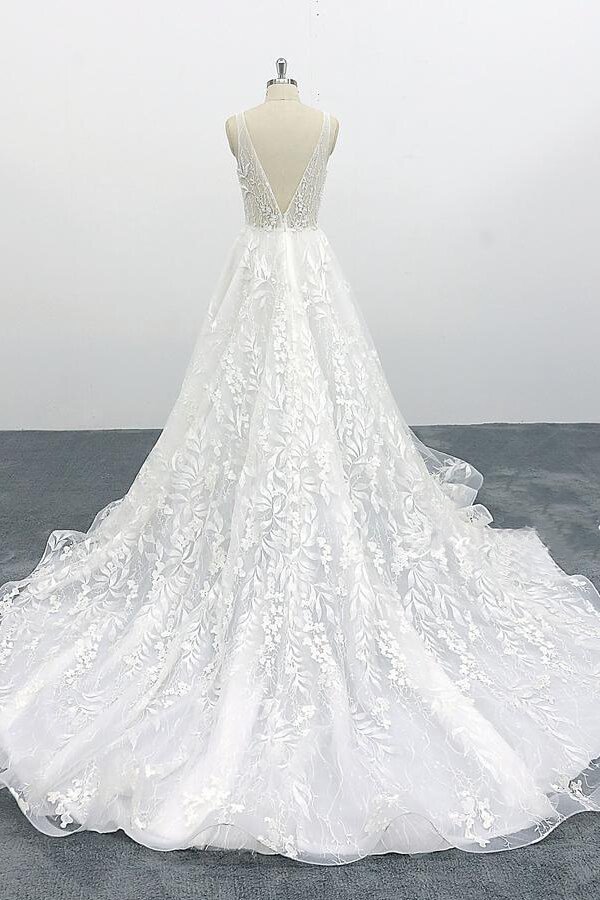 White Sweetheart Lace A-line princess Court Train Wedding Dress