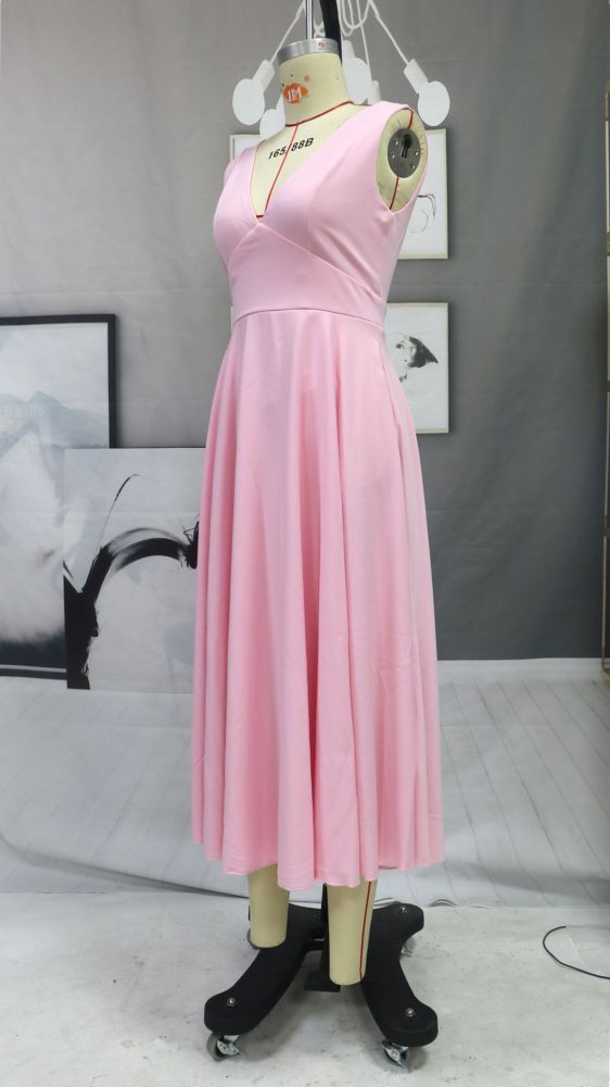 Chic Satin V-Neck Anke Length Formal Dress Sleeveless Evening Party Dress with Side Pockets Daily Wear Dress-Babyonlinewholesale