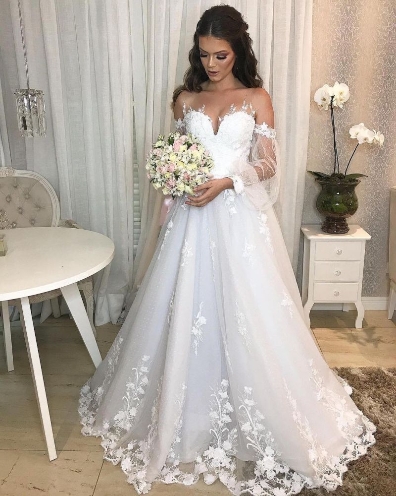 Elegant Off Shoulder Bubble Sleeves Aline Tulle Lace Wedding Dress for Women
