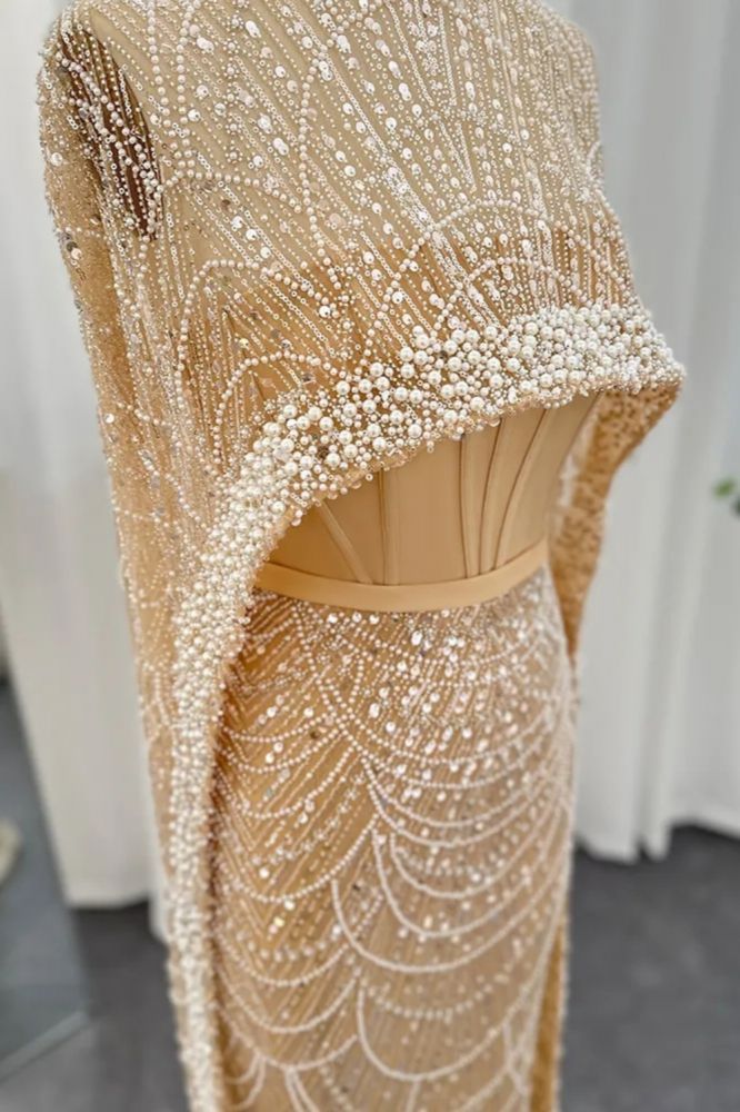Luxury Pearls Dubai See Through Evening Dress Cape Sleeves Champagne Mermaid Wedding Party Gown