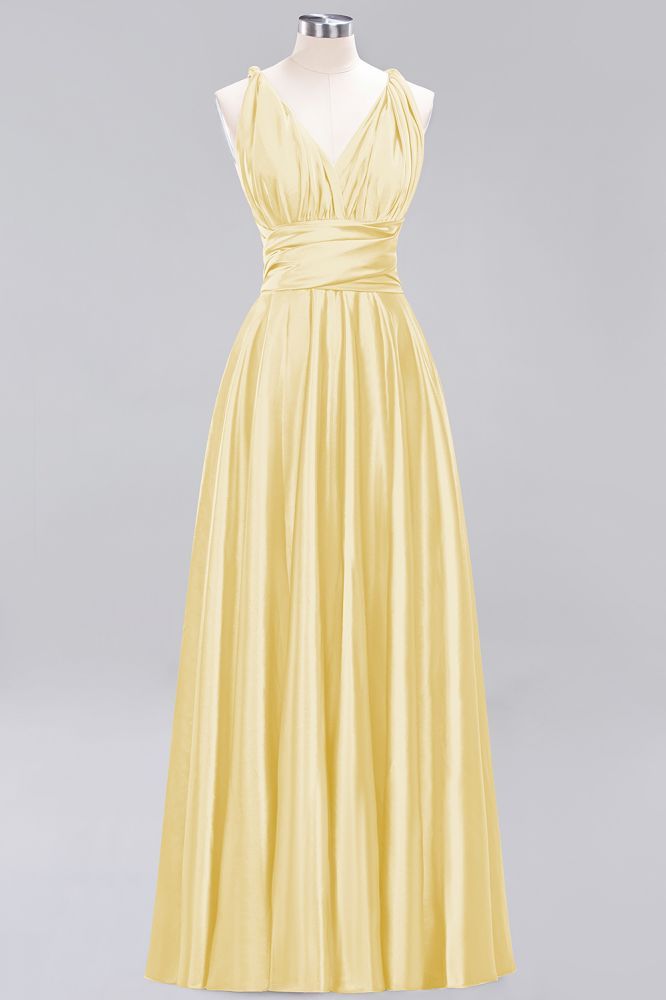 Simple A-Line V-Neck Sleeveless Floor Length Convertible Bridesmaid Dress with Ruffles