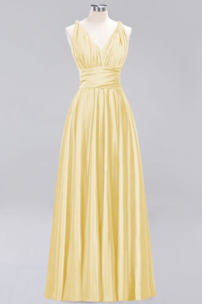 Simple A-Line V-Neck Sleeveless Floor Length Convertible Bridesmaid Dress with Ruffles