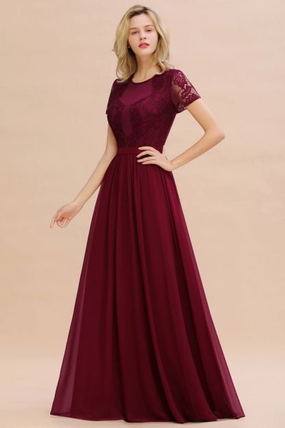 Abraham | Burgundy Short Sleeve Lace Simple Chiffon Formal Dress, Pink, Dark Green