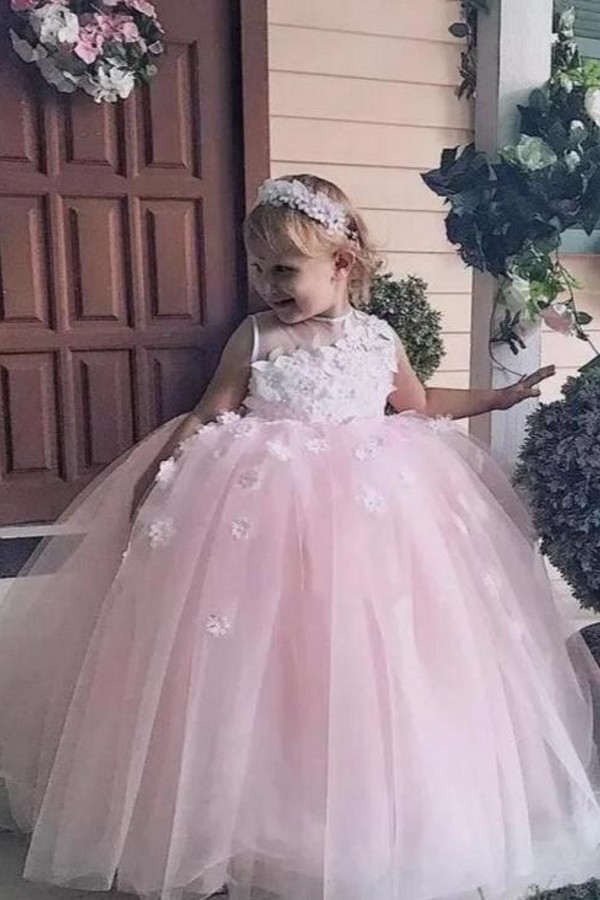 Cute Puffy Jewel Spring Lace Appliqued Sleeveless Flower Girl Dresses -Babyonlinewholesale