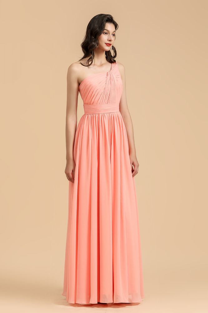 Pleated Chiffon One-Shoulder Bridesmaid Dress Sleeveless Long Wedding Party Dress