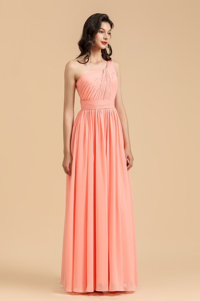 Pleated Chiffon One-Shoulder Bridesmaid Dress Sleeveless Long Wedding Party Dress
