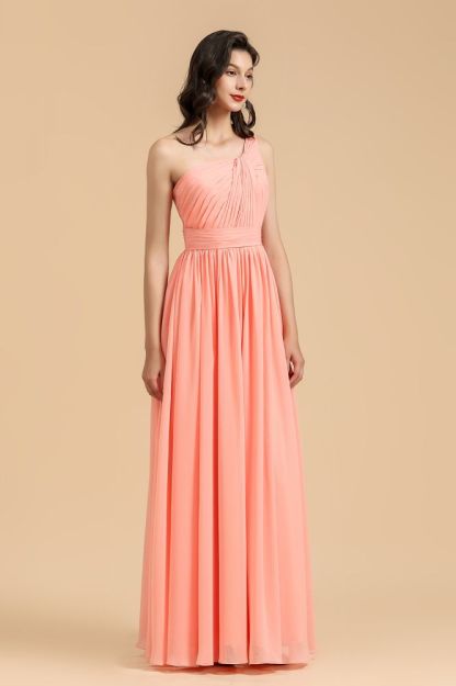 Pleated Chiffon One-Shoulder Bridesmaid Dress Sleeveless Long Wedding Party Dress