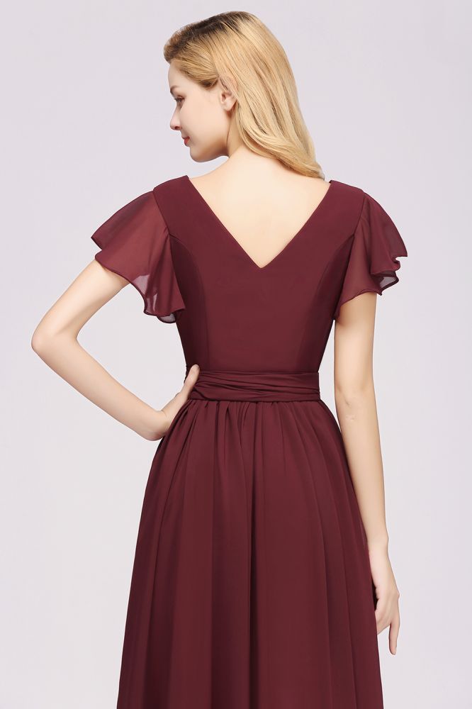 Elegant A-line Chiffon V-Neck Spaghetti Straps Sleeveless Floor-Length Bridesmaid Dresses with Beading Sash-Babyonlinewholesale