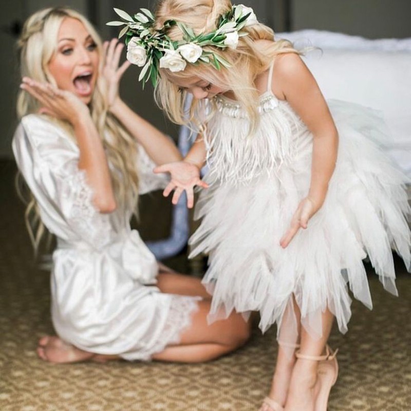 Lovely Spaghetti Straps White Short Flower Girl Dresses | Boho Tea Length Gowns with Feather for Spring Garden Wedding-Babyonlinewholesale