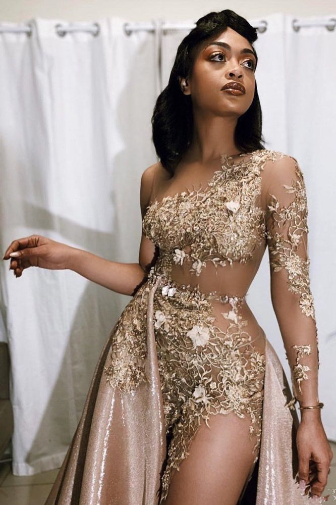 Sexy One Shoulder Lace Appliqued Prom Dresses With Over Skirt | Round Neck Evening Gowns