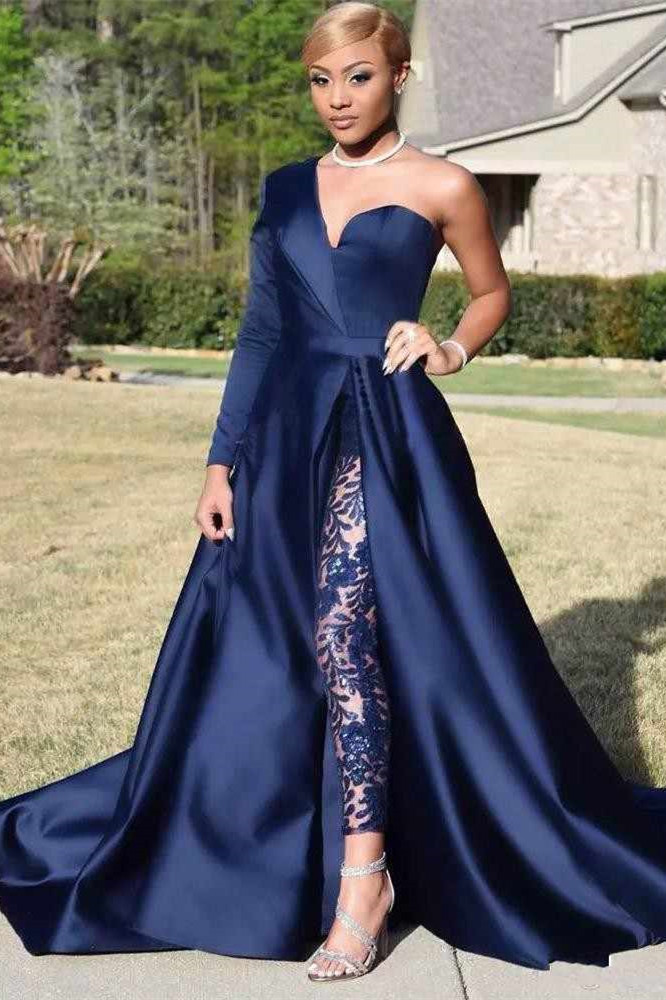 Sexy Asymmetric One Shoulder Satin Prom Dress|Special Style Floor Length Party Dress With Lace Trousers-Babyonlinewholesale