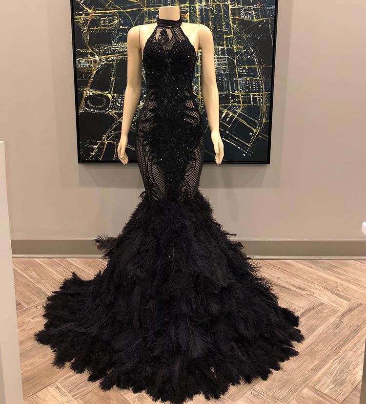 Unique Lace Appliques Halter Feather Prom Dresses | Sleeveless Alluring Fit and Flare Evening Gowns