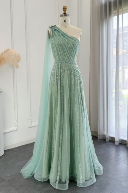 Luxury One Shoulder Shinny Beadings Long Evening Dresses with Sequins Dubai Formal Dress for Wedding Party-Babyonlinewholesale