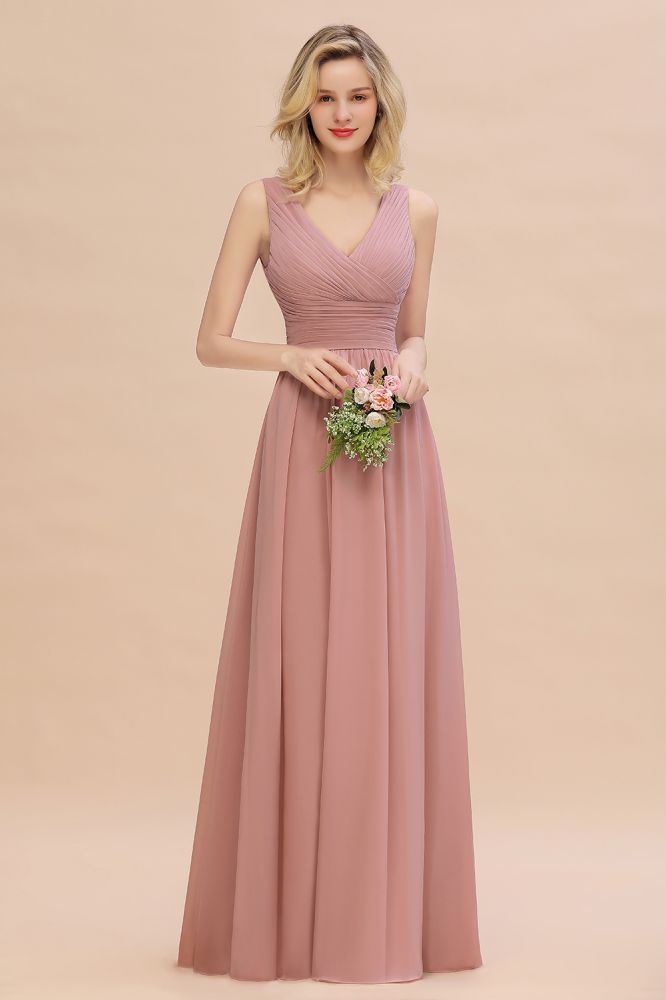 Dusty pink v-neck chiffon pleats bridesmaid dress
