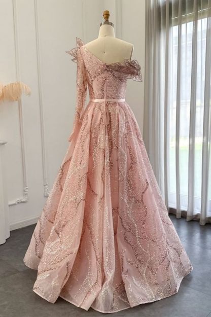 Luxury One Shoulder Shiny Sequins Aline Ball Gown Evening Dress with Sash